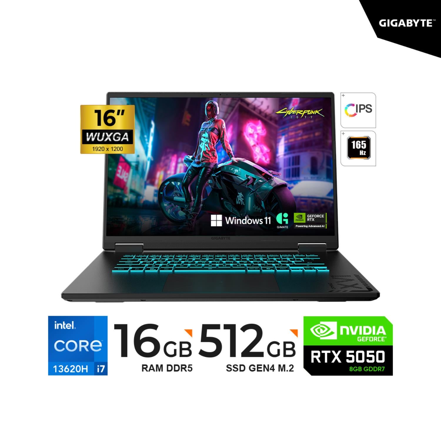 LAPTOP GAMER GIGABYTE A16 16" I7-13620H IPS WUXGA 165Hz 16GB 512GB SSD RTX 5050 8GB WIN11